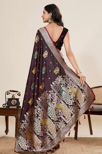 Wine floral print woven satin paithani saree with blouse