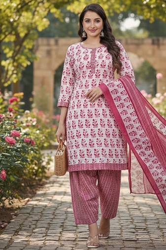 Pink printed cotton blend stitched floral print salwar kurta dupatta for women