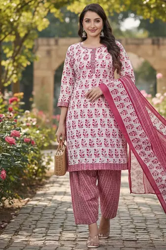 Pink printed cotton blend stitched floral print salwar kurta dupatta for women