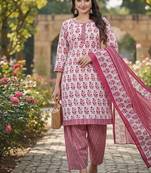 Pink printed cotton blend stitched floral print salwar kurta dupatta for women