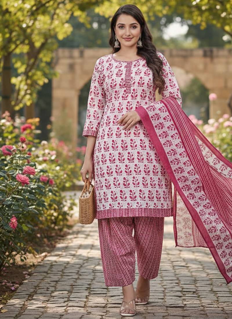Pink printed cotton blend stitched floral print salwar kurta dupatta for women