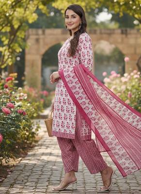Pink printed cotton blend stitched floral print salwar kurta dupatta for women 2