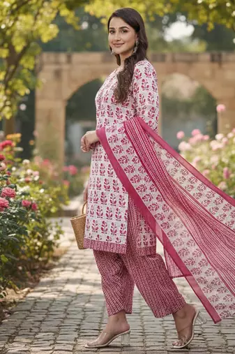 Pink printed cotton blend stitched floral print salwar kurta dupatta for women