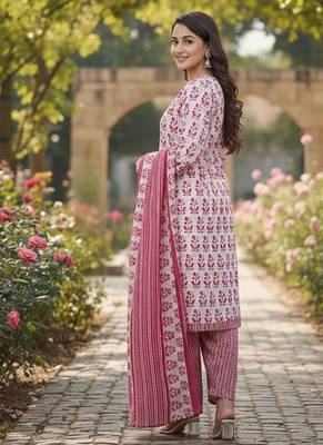 Pink printed cotton blend stitched floral print salwar kurta dupatta for women 3