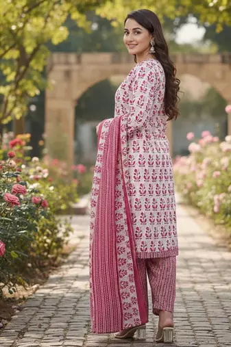 Pink printed cotton blend stitched floral print salwar kurta dupatta for women