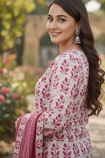 Pink printed cotton blend stitched floral print salwar kurta dupatta for women