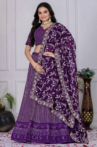 Purple Color Embroidery With Multi Thread & Sequence Work Fox Georgette Lehanga Choli Set