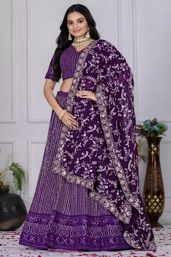 Purple Color Embroidery With Multi Thread & Sequence Work Fox Georgette Lehanga Choli Set