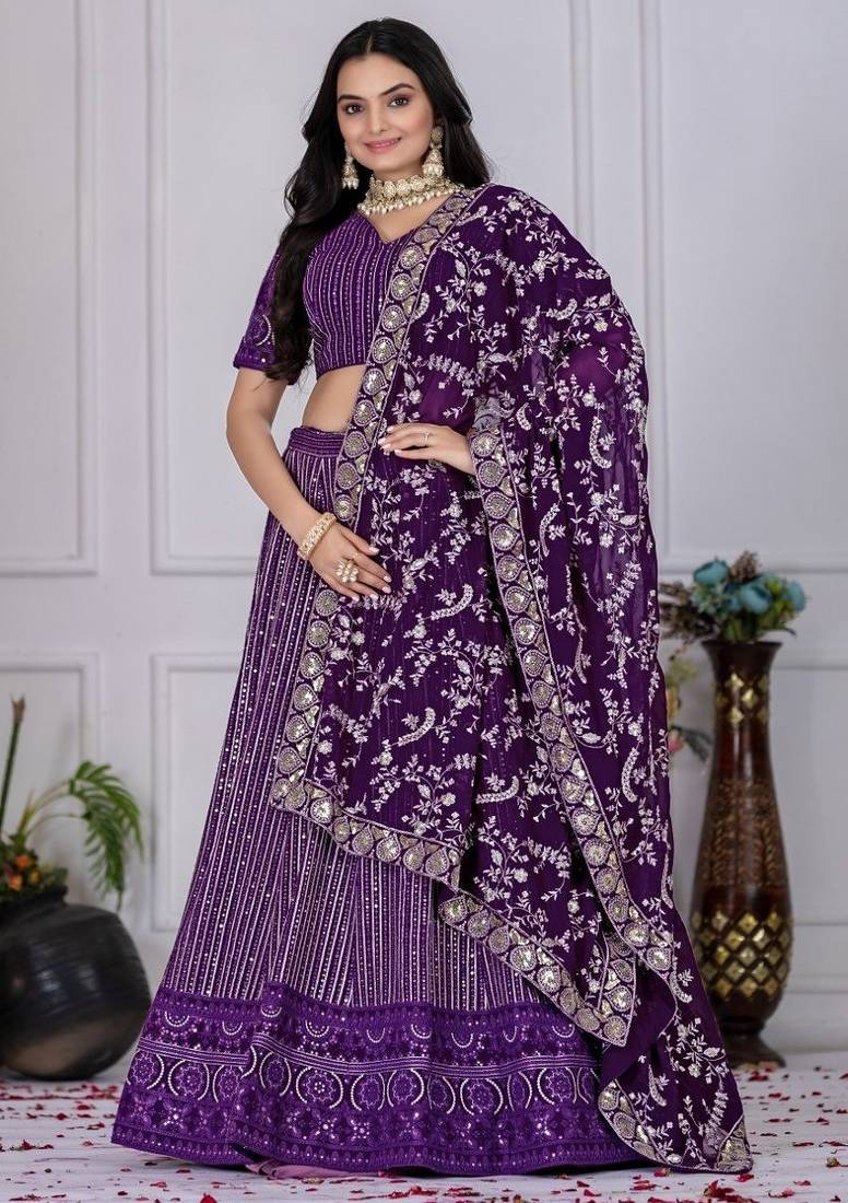Purple Color Embroidery With Multi Thread & Sequence Work Fox Georgette Lehanga Choli Set