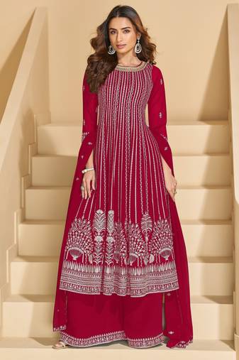 D pink faux georgette free size stitched plazzo suit with sequence work