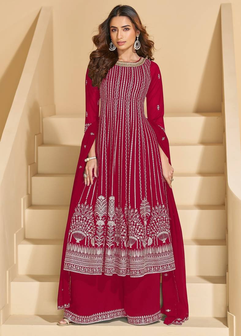 D pink faux georgette free size stitched plazzo suit with sequence work