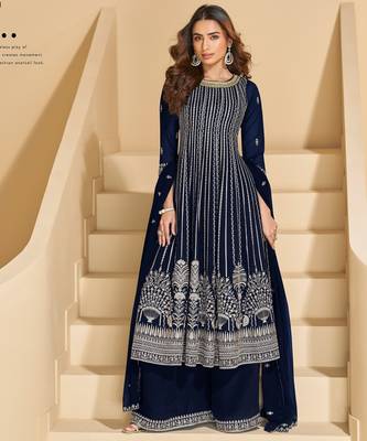 Navy faux georgette free size stitched plazzo suit with sequin  1