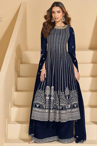 Navy faux georgette free size stitched plazzo suit with sequence work