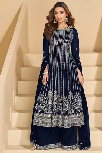 Navy faux georgette free size stitched plazzo suit with sequence work