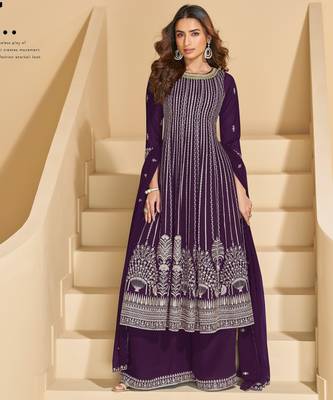 Violet faux georgette free size stitched plazzo suit with sequin  1