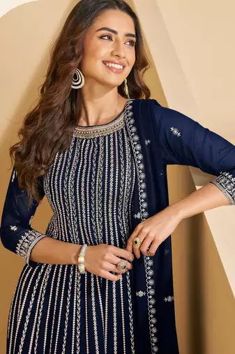 Navy faux georgette free size stitched plazzo suit with sequin 