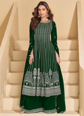 green faux georgette free size stitched plazzo suit with sequin  1