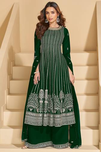 green faux georgette free size stitched plazzo suit with sequence work