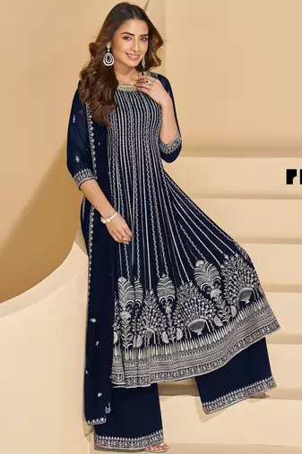 Navy faux georgette free size stitched plazzo suit with sequin 
