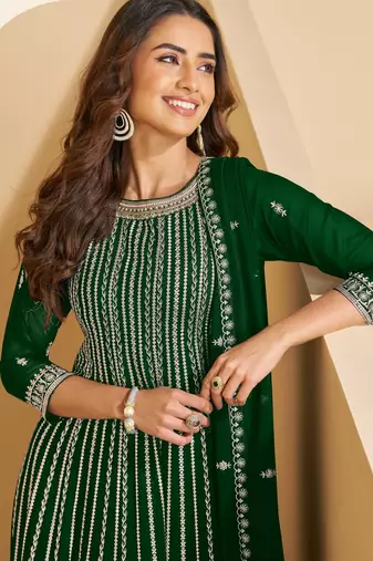 green faux georgette free size stitched plazzo suit with sequin 