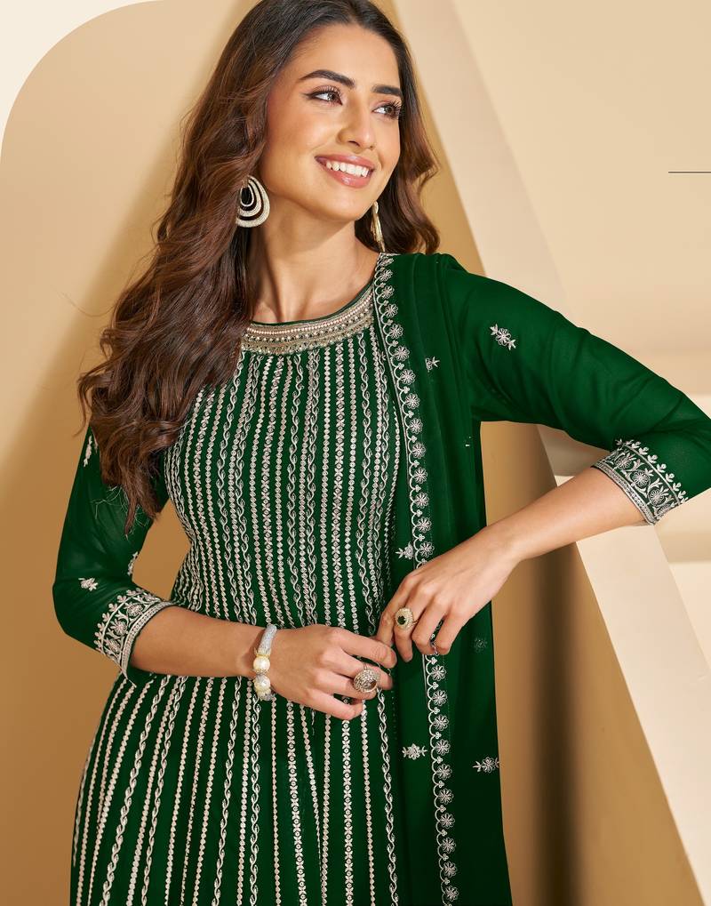 green faux georgette free size stitched plazzo suit with sequence work