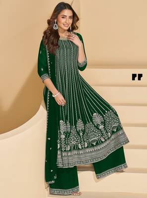 green faux georgette free size stitched plazzo suit with sequin  3