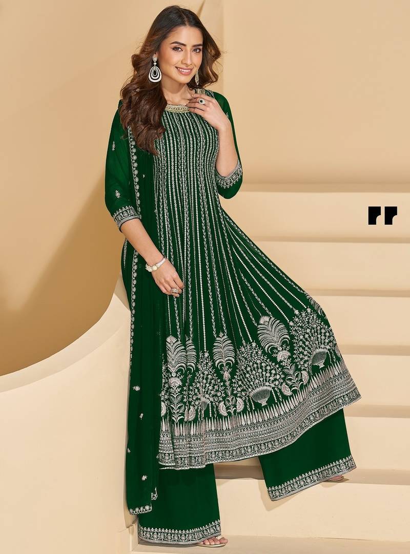 green faux georgette free size stitched plazzo suit with sequence work