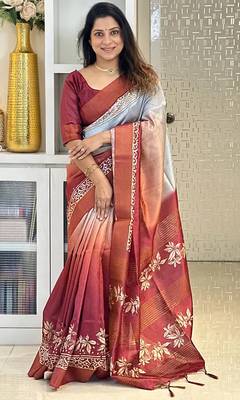 maroon soft tussar silk digital floral printed saree with tassel pallu 1