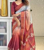 maroon soft tussar silk digital floral printed saree with tassel pallu