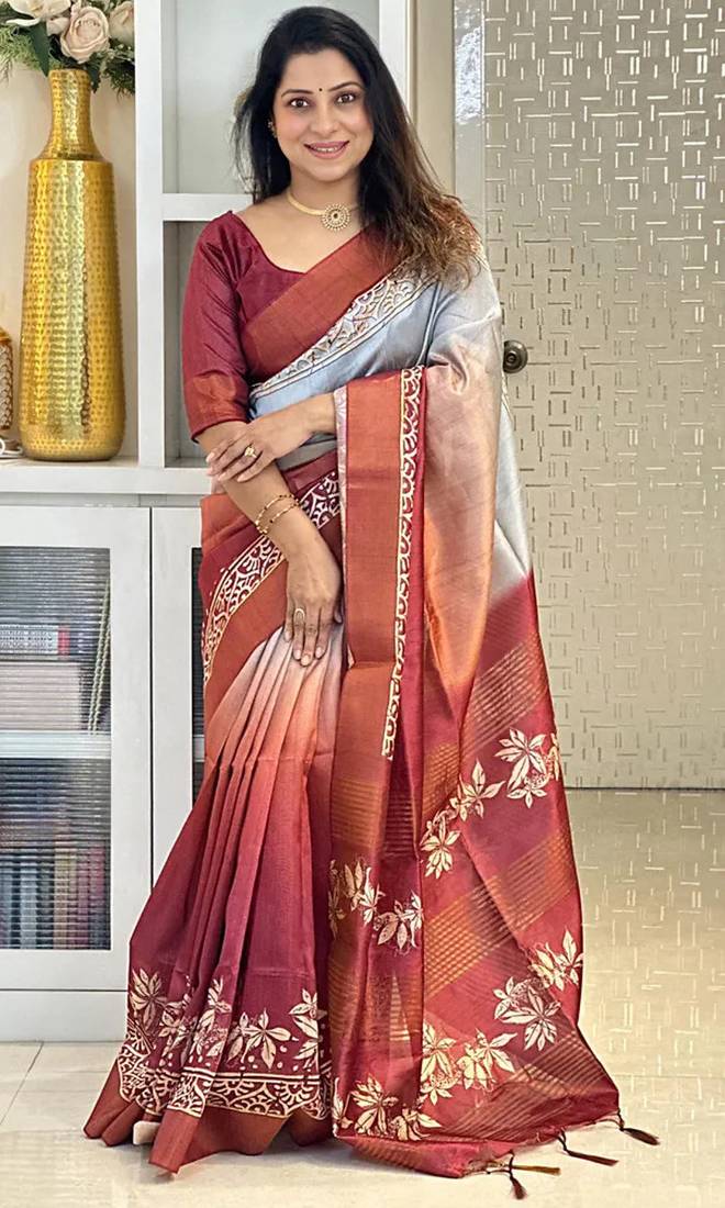 Soft tussar silk sarees with beautiful digital print with tassels
