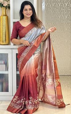maroon soft tussar silk digital floral printed saree with tassel pallu 2