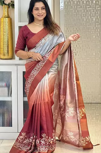 maroon soft tussar silk digital floral printed saree with tassel pallu