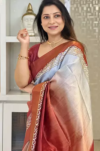 maroon soft tussar silk digital floral printed saree with tassel pallu