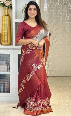 maroon soft tussar silk digital floral printed saree with tassel pallu 4