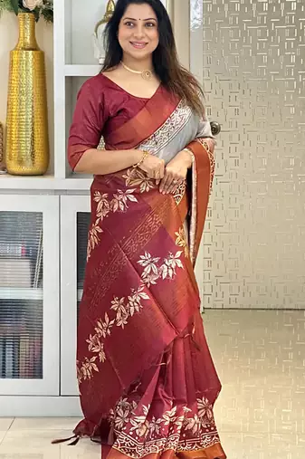 maroon soft tussar silk digital floral printed saree with tassel pallu