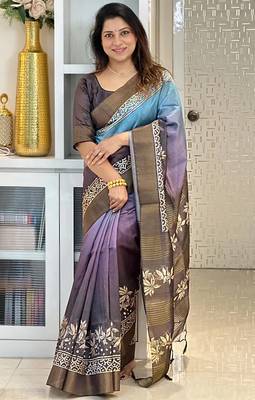 blue soft tussar silk digital floral printed saree with tassel pallu 1