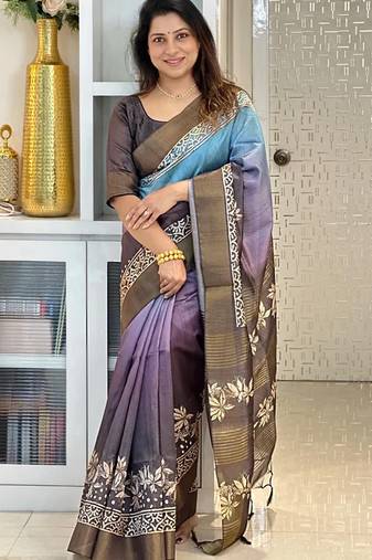 Soft tussar silk sarees with beautiful digital print with tassels