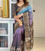 blue soft tussar silk digital floral printed saree with tassel pallu