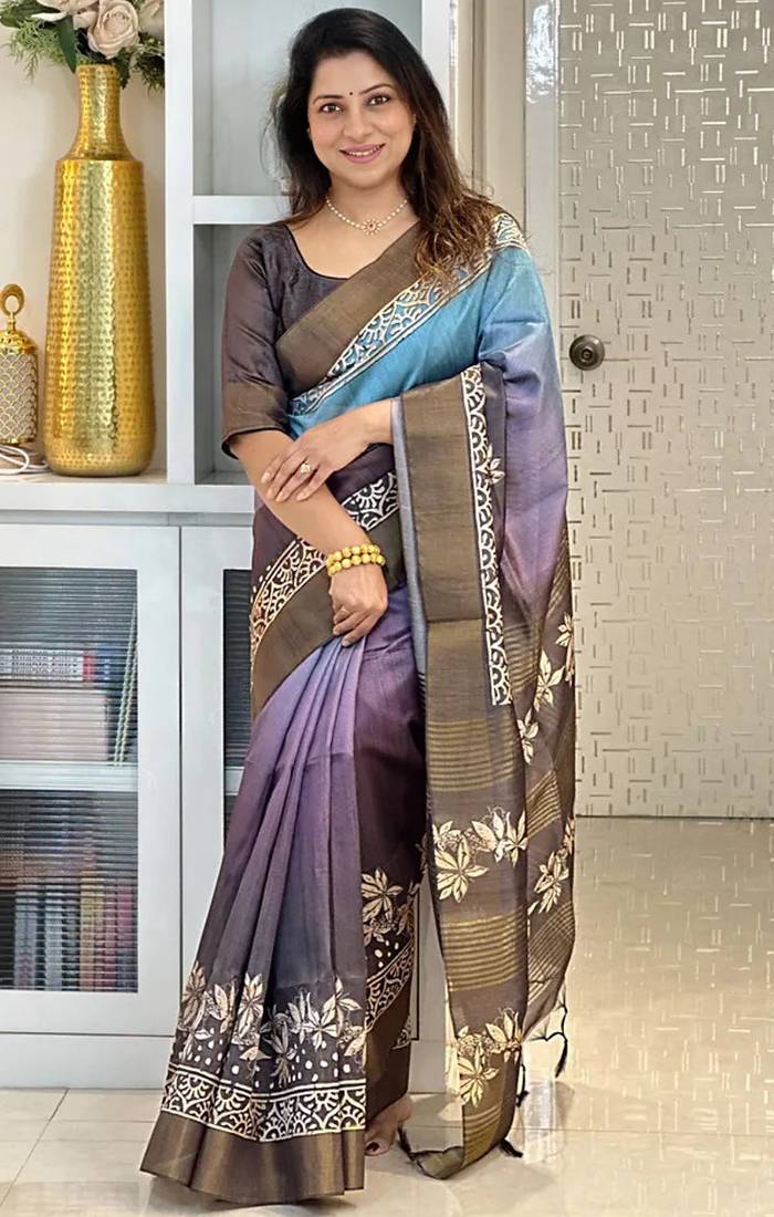 Soft tussar silk sarees with beautiful digital print with tassels