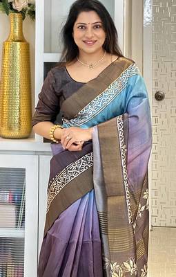 blue soft tussar silk digital floral printed saree with tassel pallu 2