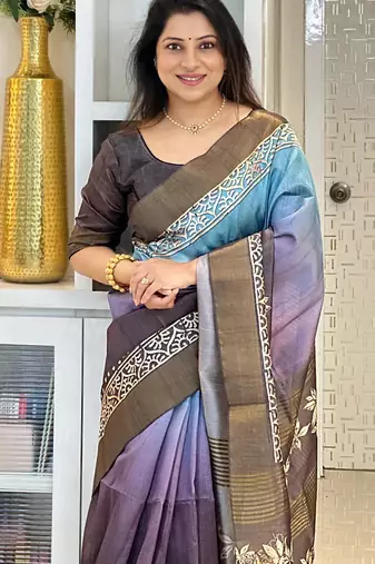 blue soft tussar silk digital floral printed saree with tassel pallu