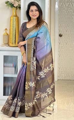 blue soft tussar silk digital floral printed saree with tassel pallu 3
