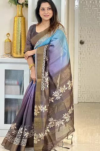 blue soft tussar silk digital floral printed saree with tassel pallu
