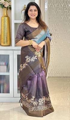 blue soft tussar silk digital floral printed saree with tassel pallu 4