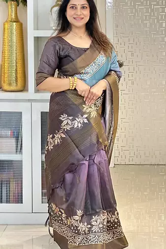 blue soft tussar silk digital floral printed saree with tassel pallu