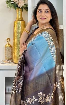 blue soft tussar silk digital floral printed saree with tassel pallu 5