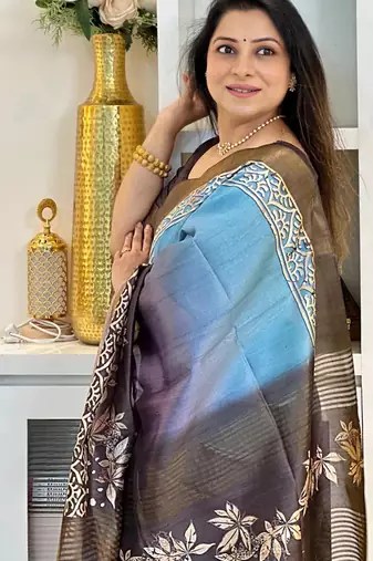 blue soft tussar silk digital floral printed saree with tassel pallu