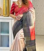 black tussar silk digital printed saree with tassel pallu
