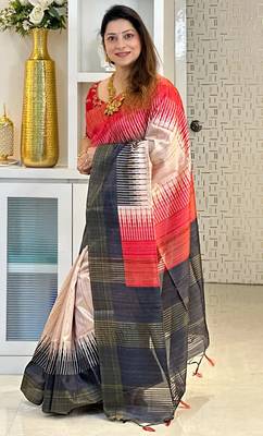 black tussar silk digital printed saree with tassel pallu 2