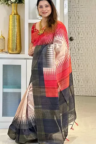 black tussar silk digital printed saree with tassel pallu